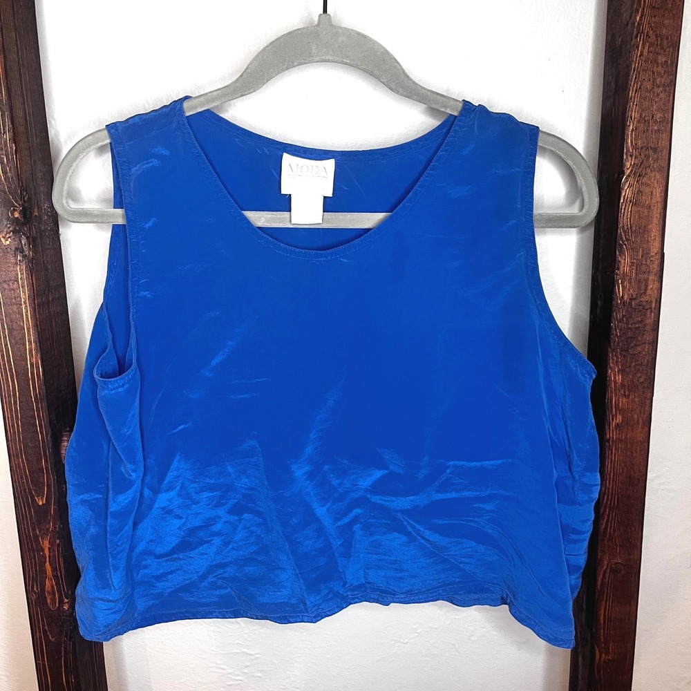 Moda International Vintage Royal Blue 100% Silk Crop Tank Boxy Crop Womens M